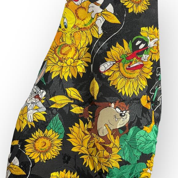 Looney Tunes 90s Vest Womens M Black Sunflower Satin VTG Tweety Taz Bugs Bunny - Picture 6 of 15